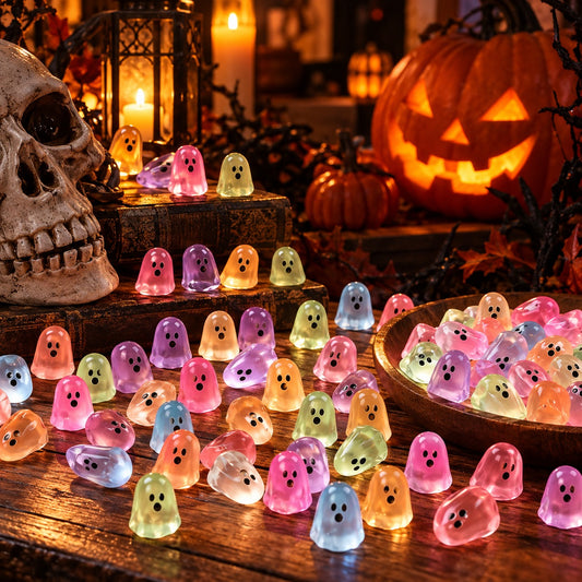 Glow-in-the-Dark Mini Ghosts with skull, lantern and jack-o'-lantern