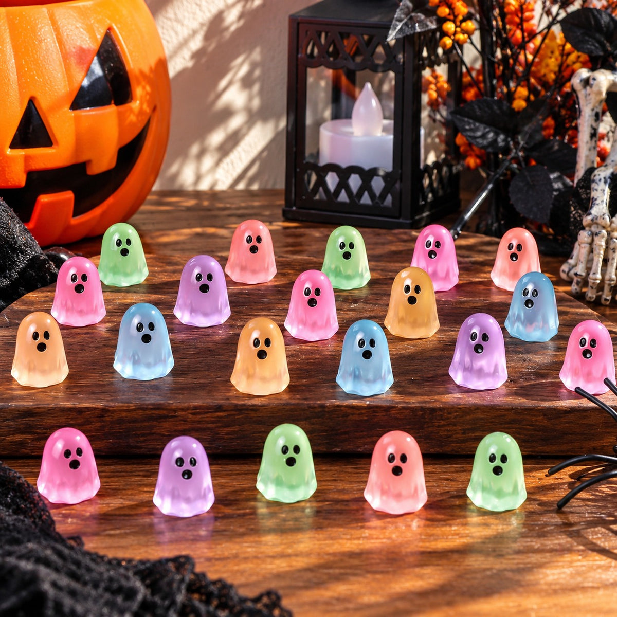 Glow-in-the-Dark Mini Ghosts daylight scene on wooden board