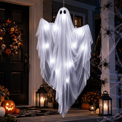 LED Hanging Ghost on a porch with lanterns, a wreath and spiders