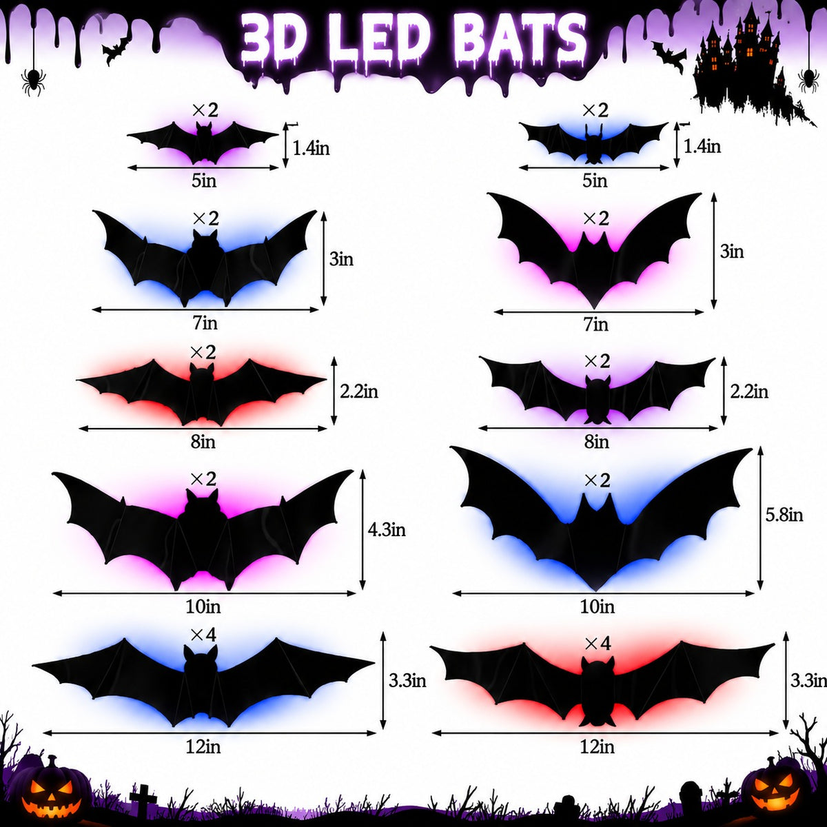 3D Bat Lights size chart showing all five bat sizes