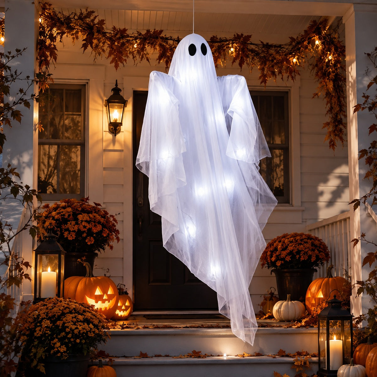 LED Hanging Ghost on a porch with lanterns and pumpkins