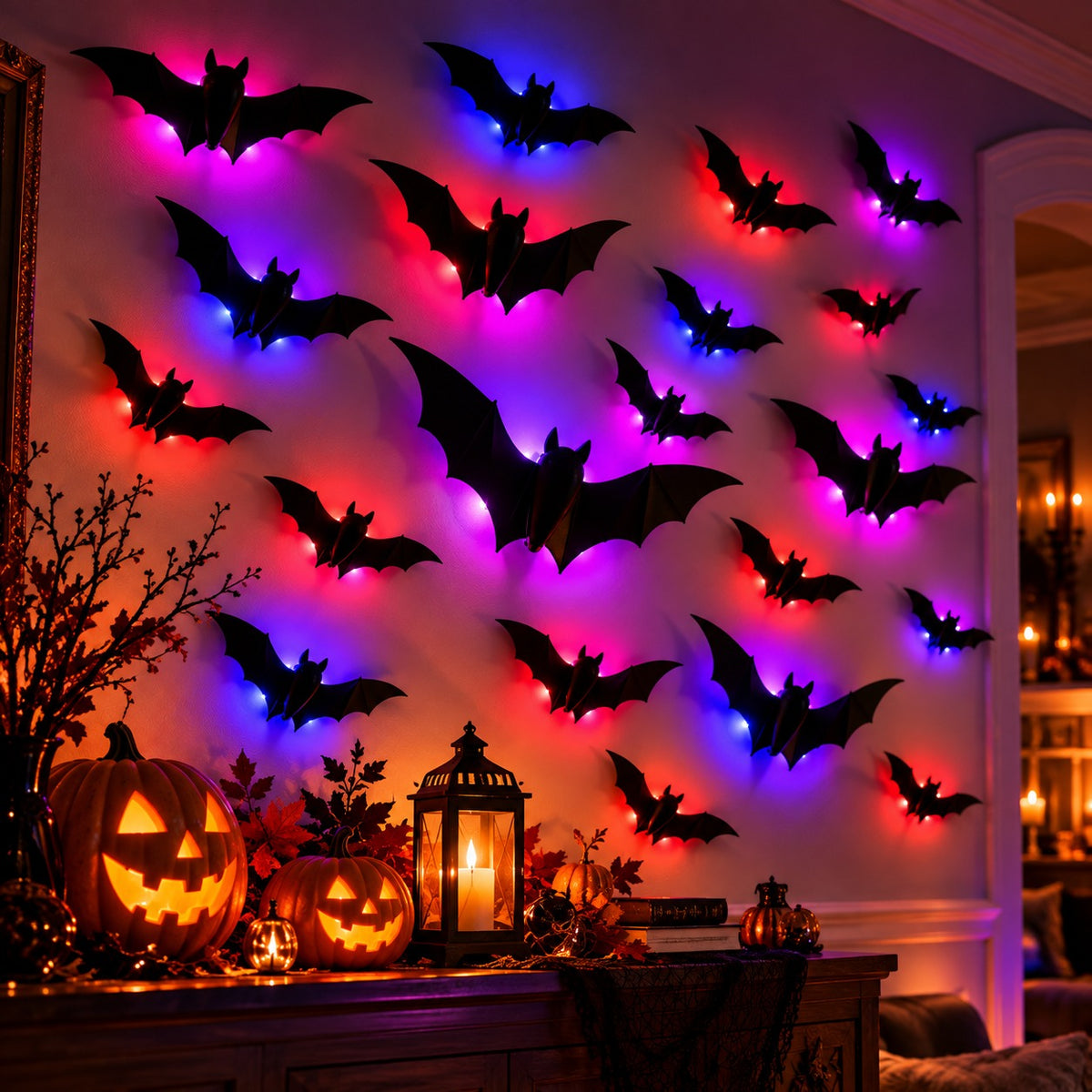 3D Bat Lights display with jack-o-lanterns and a candle lantern