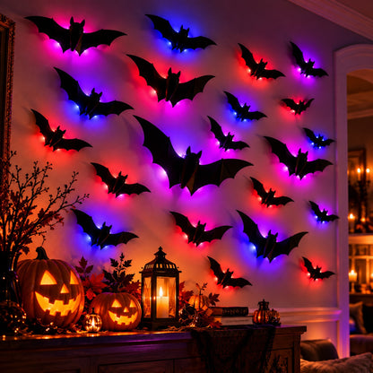3D Bat Lights display with jack-o-lanterns and a candle lantern