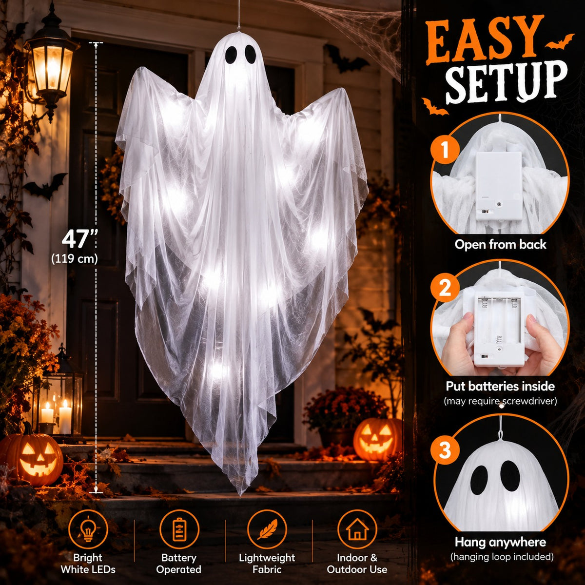 LED Hanging Ghost easy setup infographic with 47 inch measurement