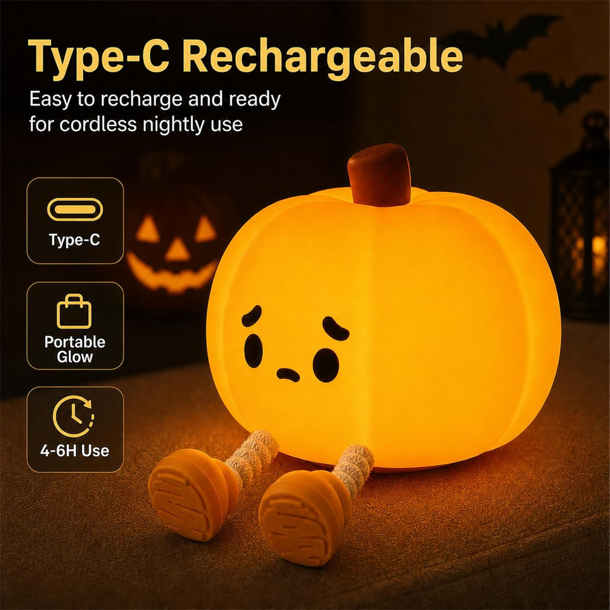 Cute Pumpkin Halloween Night Light – Rechargeable LED Silicone Lamp